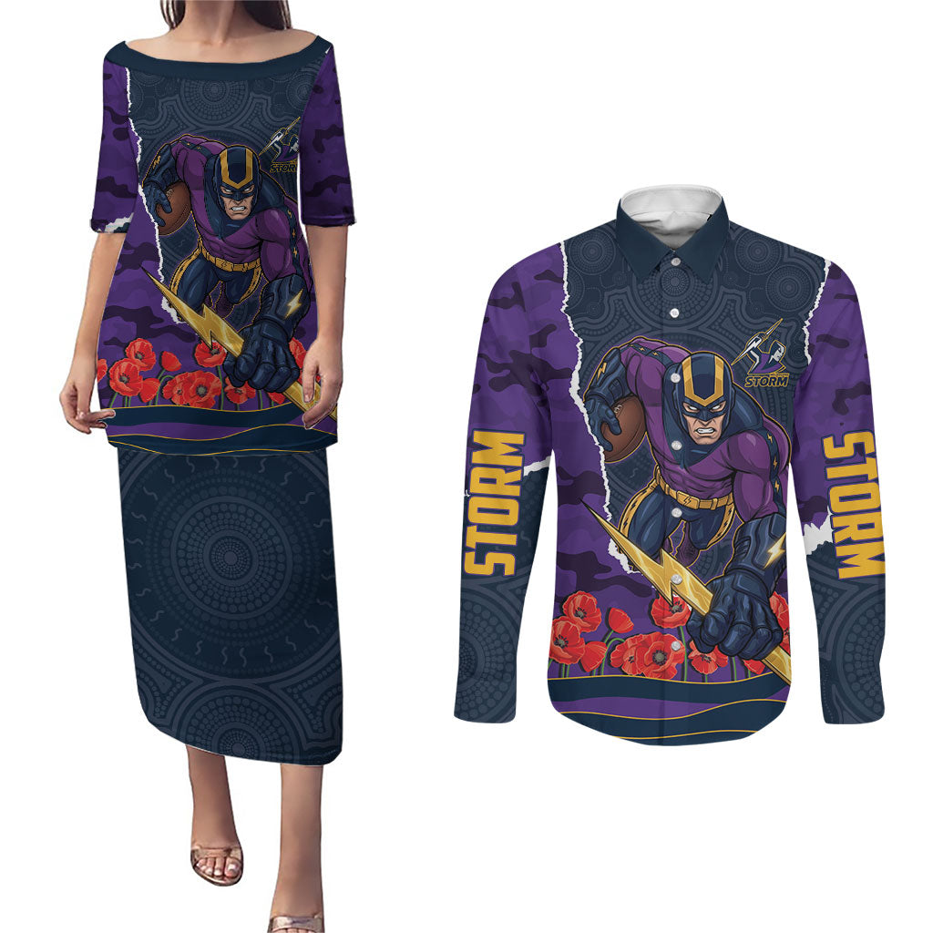 Personalized Melbourne Storm ANZAC Tribute Couples Matching Puletasi and Long Sleeve Button Shirt Poppy Field Soldier Silhouette Aboriginal Rugby Mascot
