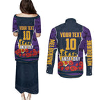 Personalized Melbourne Storm ANZAC Tribute Couples Matching Puletasi and Long Sleeve Button Shirt Poppy Field Soldier Silhouette Aboriginal Rugby Mascot