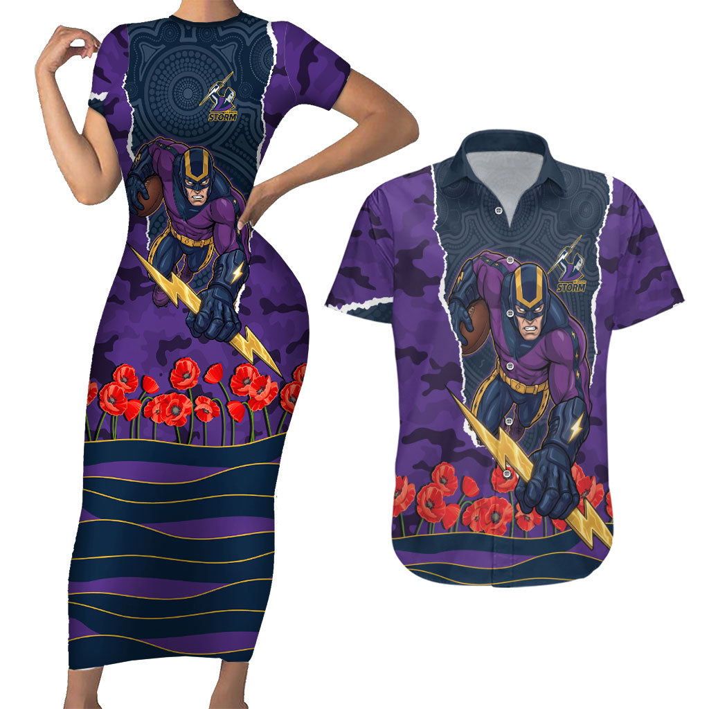 Personalized Melbourne Storm ANZAC Tribute Couples Matching Short Sleeve Bodycon Dress and Hawaiian Shirt Poppy Field Soldier Silhouette Aboriginal Rugby Mascot