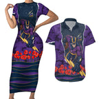 Personalized Melbourne Storm ANZAC Tribute Couples Matching Short Sleeve Bodycon Dress and Hawaiian Shirt Poppy Field Soldier Silhouette Aboriginal Rugby Mascot