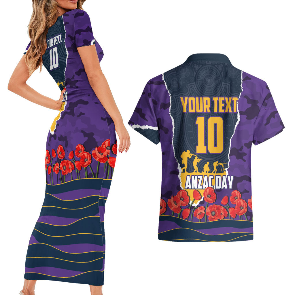 Personalized Melbourne Storm ANZAC Tribute Couples Matching Short Sleeve Bodycon Dress and Hawaiian Shirt Poppy Field Soldier Silhouette Aboriginal Rugby Mascot