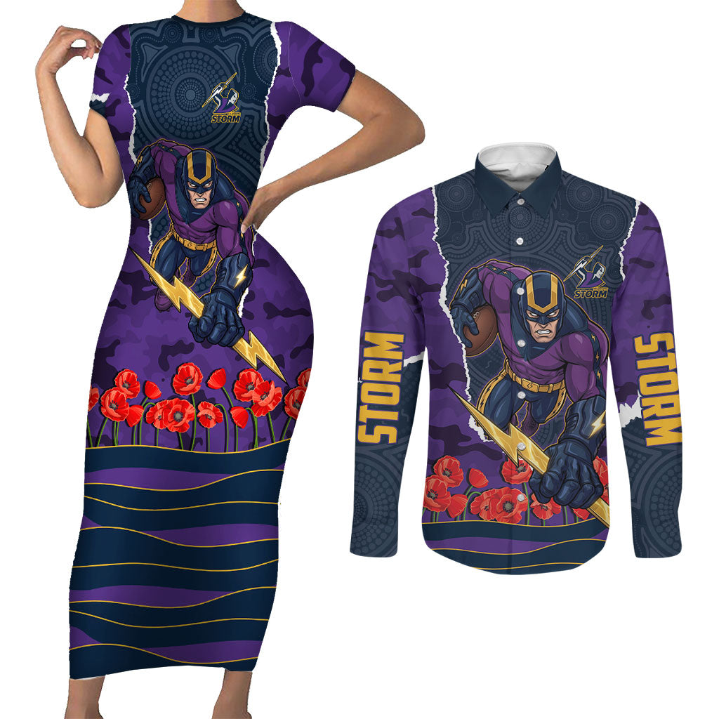 Personalized Melbourne Storm ANZAC Tribute Couples Matching Short Sleeve Bodycon Dress and Long Sleeve Button Shirt Poppy Field Soldier Silhouette Aboriginal Rugby Mascot