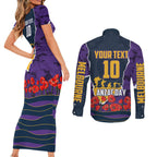 Personalized Melbourne Storm ANZAC Tribute Couples Matching Short Sleeve Bodycon Dress and Long Sleeve Button Shirt Poppy Field Soldier Silhouette Aboriginal Rugby Mascot