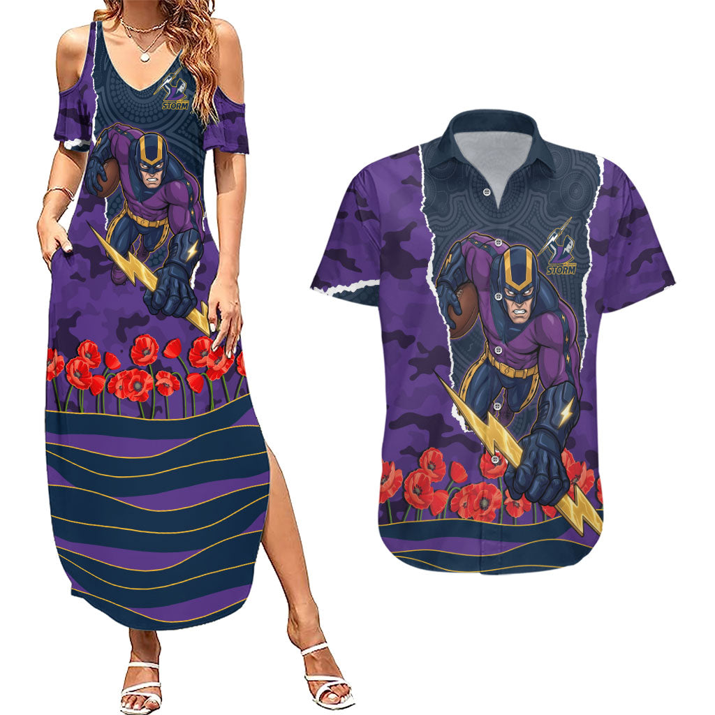 Personalized Melbourne Storm ANZAC Tribute Couples Matching Summer Maxi Dress and Hawaiian Shirt Poppy Field Soldier Silhouette Aboriginal Rugby Mascot