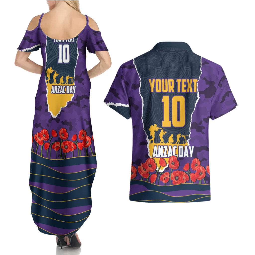Personalized Melbourne Storm ANZAC Tribute Couples Matching Summer Maxi Dress and Hawaiian Shirt Poppy Field Soldier Silhouette Aboriginal Rugby Mascot