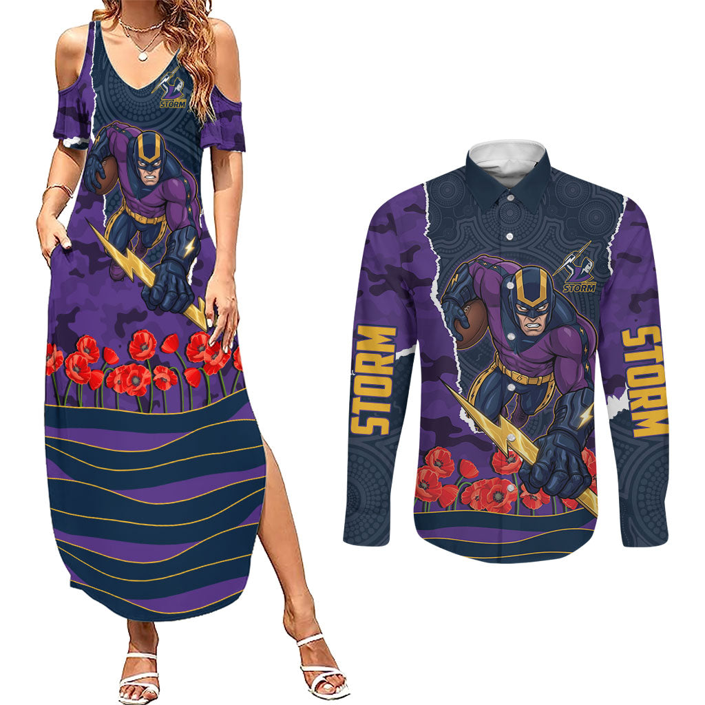 Personalized Melbourne Storm ANZAC Tribute Couples Matching Summer Maxi Dress and Long Sleeve Button Shirt Poppy Field Soldier Silhouette Aboriginal Rugby Mascot
