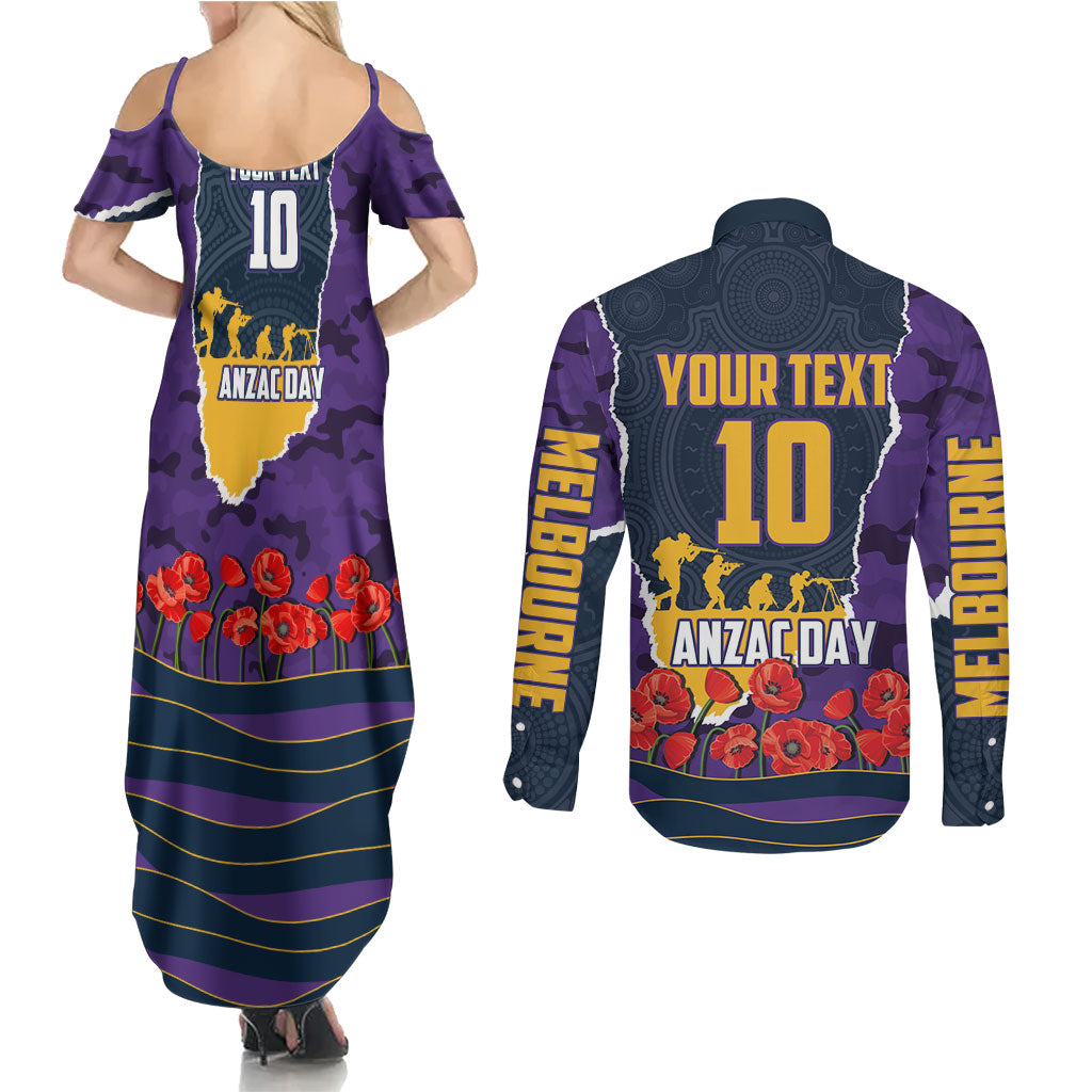 Personalized Melbourne Storm ANZAC Tribute Couples Matching Summer Maxi Dress and Long Sleeve Button Shirt Poppy Field Soldier Silhouette Aboriginal Rugby Mascot