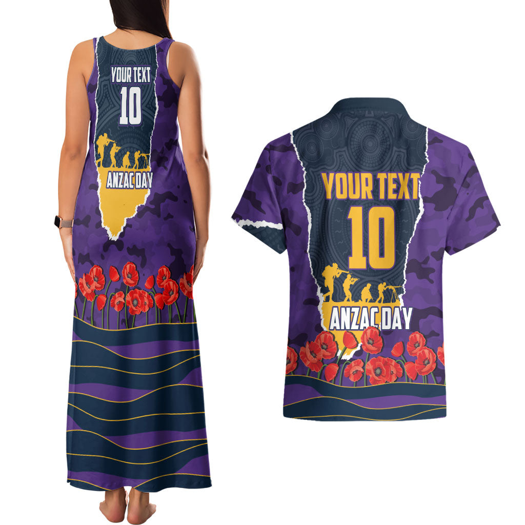 Personalized Melbourne Storm ANZAC Tribute Couples Matching Tank Maxi Dress and Hawaiian Shirt Poppy Field Soldier Silhouette Aboriginal Rugby Mascot