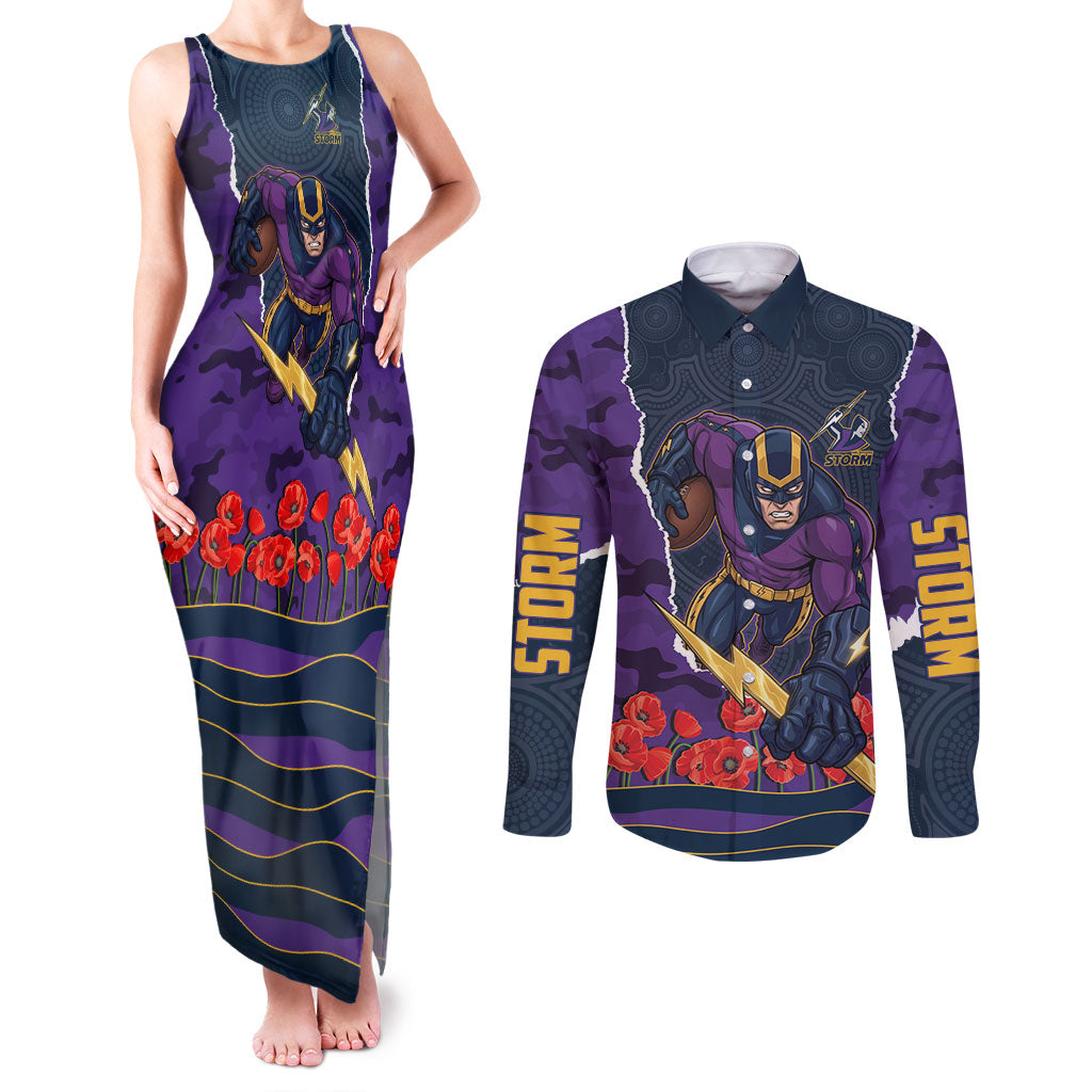 Personalized Melbourne Storm ANZAC Tribute Couples Matching Tank Maxi Dress and Long Sleeve Button Shirt Poppy Field Soldier Silhouette Aboriginal Rugby Mascot