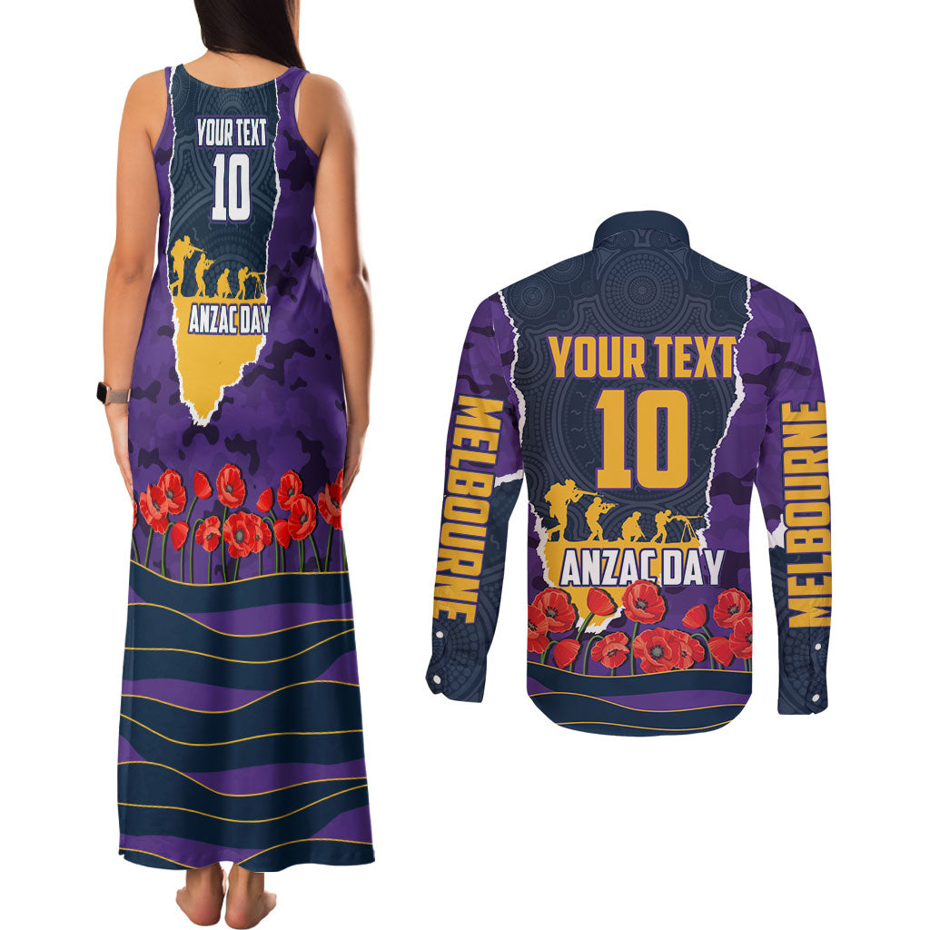 Personalized Melbourne Storm ANZAC Tribute Couples Matching Tank Maxi Dress and Long Sleeve Button Shirt Poppy Field Soldier Silhouette Aboriginal Rugby Mascot
