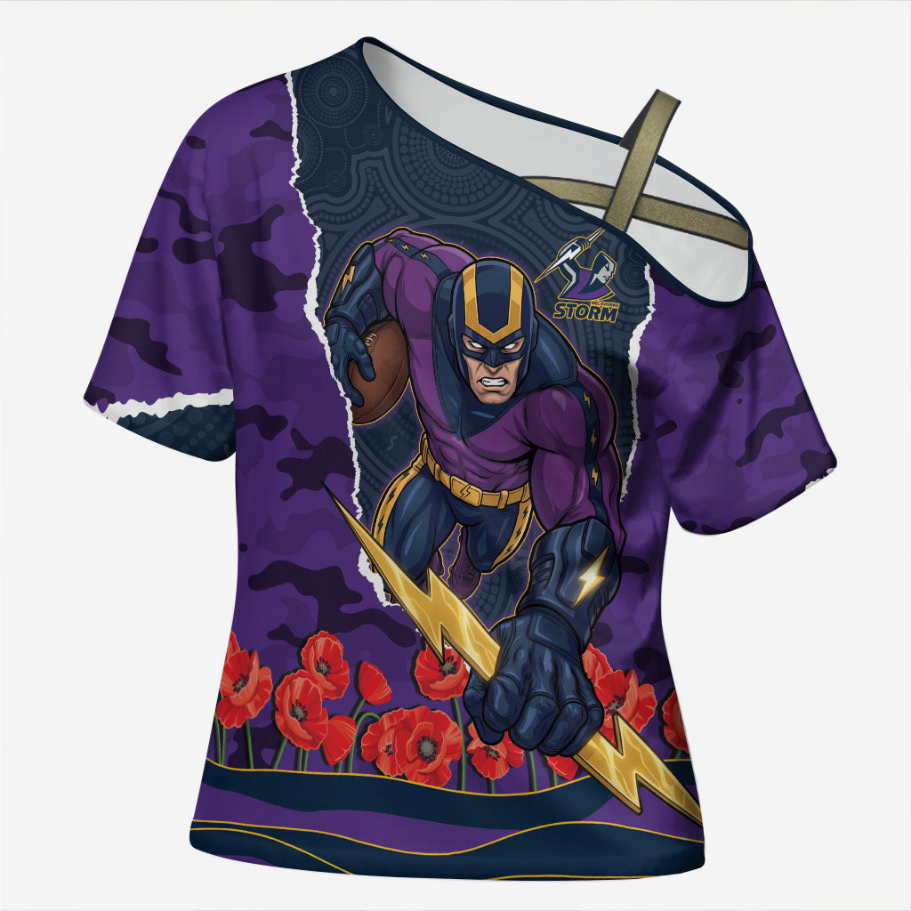 Personalized Melbourne Storm ANZAC Tribute Cross Shoulder Shirt Poppy Field Soldier Silhouette Aboriginal Rugby Mascot