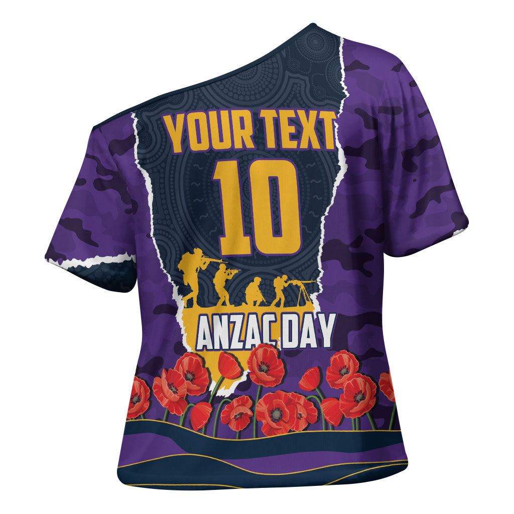 Personalized Melbourne Storm ANZAC Tribute Cross Shoulder Shirt Poppy Field Soldier Silhouette Aboriginal Rugby Mascot
