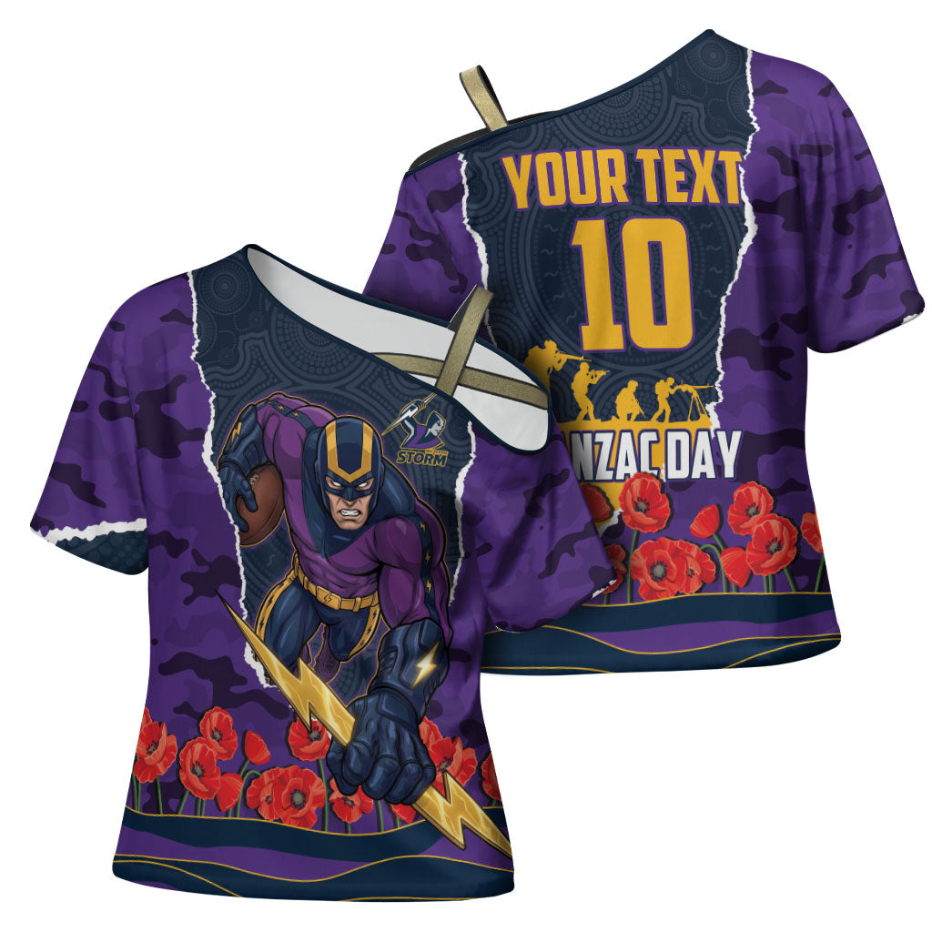 Personalized Melbourne Storm ANZAC Tribute Cross Shoulder Shirt Poppy Field Soldier Silhouette Aboriginal Rugby Mascot