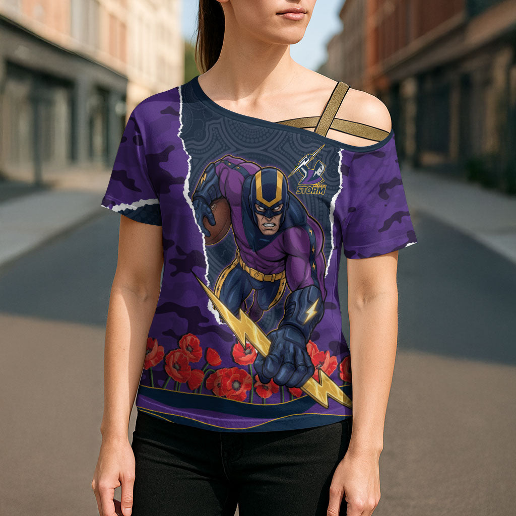 Personalized Melbourne Storm ANZAC Tribute Cross Shoulder Shirt Poppy Field Soldier Silhouette Aboriginal Rugby Mascot