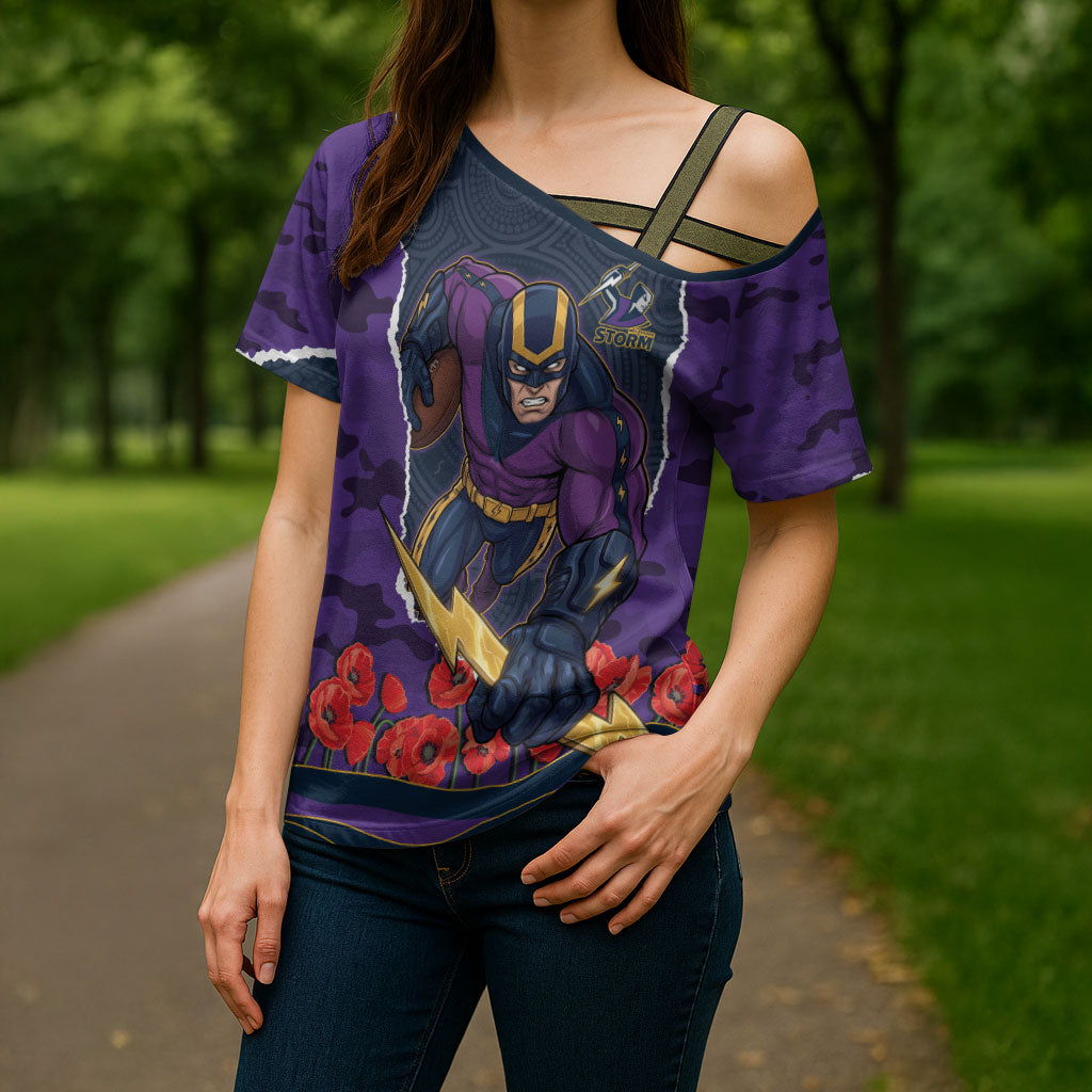 Personalized Melbourne Storm ANZAC Tribute Cross Shoulder Shirt Poppy Field Soldier Silhouette Aboriginal Rugby Mascot