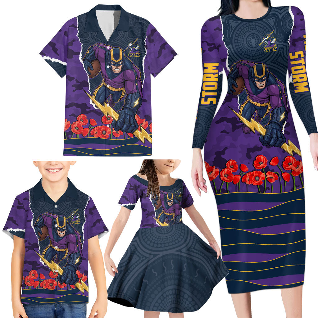 Personalized Melbourne Storm ANZAC Tribute Family Matching Long Sleeve Bodycon Dress and Hawaiian Shirt Poppy Field Soldier Silhouette Aboriginal Rugby Mascot