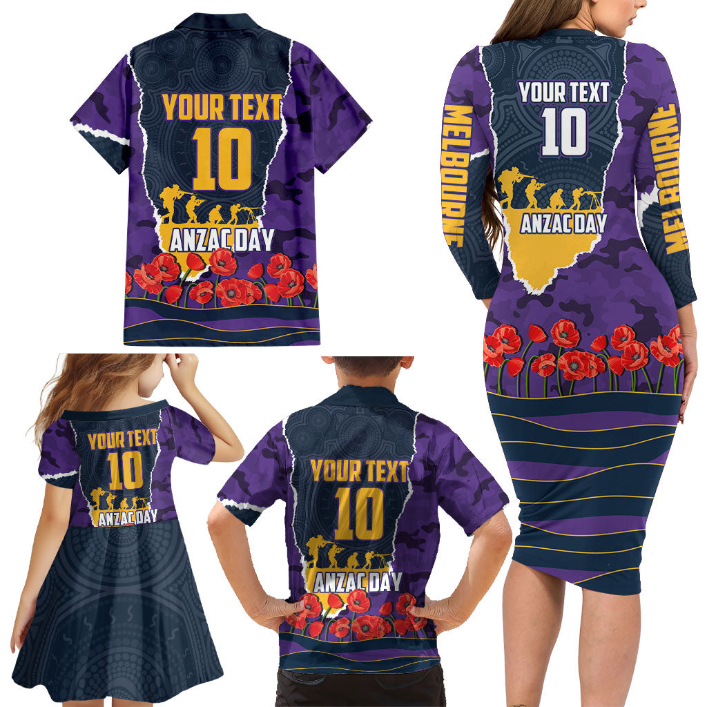 Personalized Melbourne Storm ANZAC Tribute Family Matching Long Sleeve Bodycon Dress and Hawaiian Shirt Poppy Field Soldier Silhouette Aboriginal Rugby Mascot