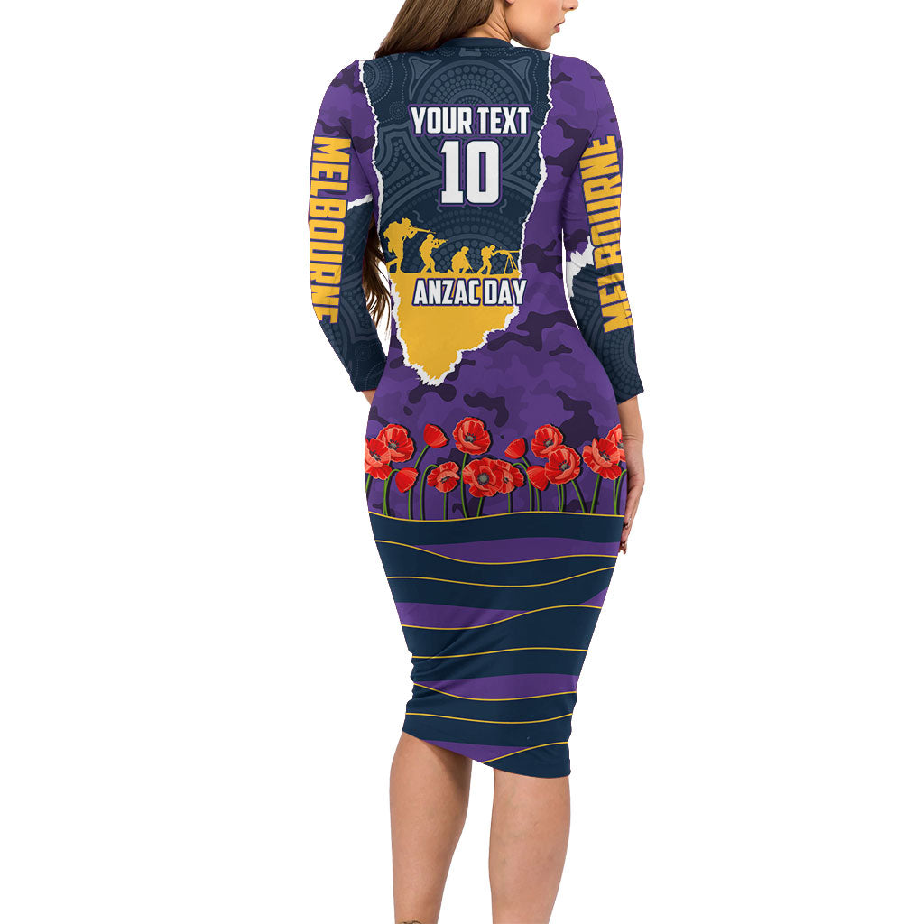 Personalized Melbourne Storm ANZAC Tribute Family Matching Long Sleeve Bodycon Dress and Hawaiian Shirt Poppy Field Soldier Silhouette Aboriginal Rugby Mascot