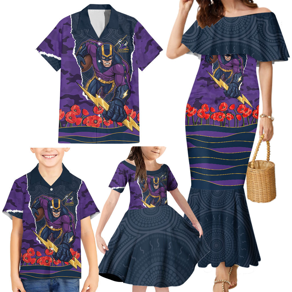 Personalized Melbourne Storm ANZAC Tribute Family Matching Mermaid Dress and Hawaiian Shirt Poppy Field Soldier Silhouette Aboriginal Rugby Mascot