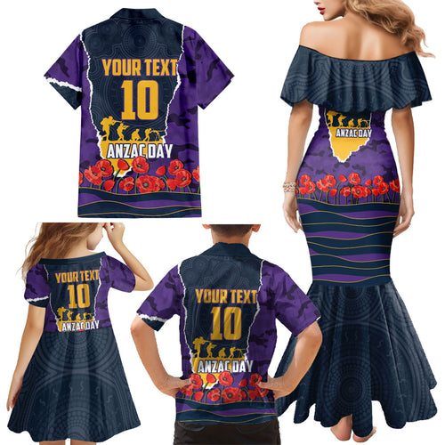 Personalized Melbourne Storm ANZAC Tribute Family Matching Mermaid Dress and Hawaiian Shirt Poppy Field Soldier Silhouette Aboriginal Rugby Mascot