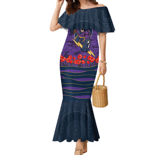 Personalized Melbourne Storm ANZAC Tribute Family Matching Mermaid Dress and Hawaiian Shirt Poppy Field Soldier Silhouette Aboriginal Rugby Mascot