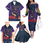 Personalized Melbourne Storm ANZAC Tribute Family Matching Off The Shoulder Long Sleeve Dress and Hawaiian Shirt Poppy Field Soldier Silhouette Aboriginal Rugby Mascot
