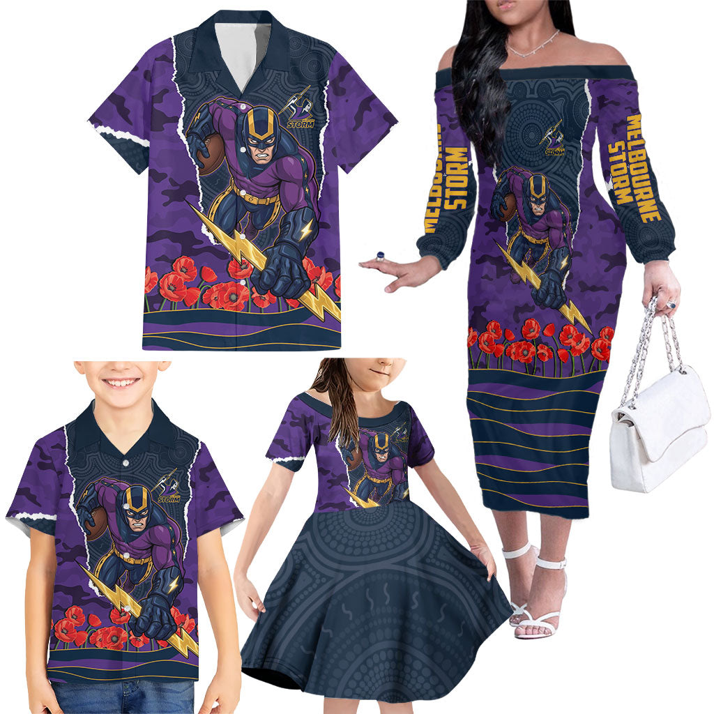 Personalized Melbourne Storm ANZAC Tribute Family Matching Off The Shoulder Long Sleeve Dress and Hawaiian Shirt Poppy Field Soldier Silhouette Aboriginal Rugby Mascot