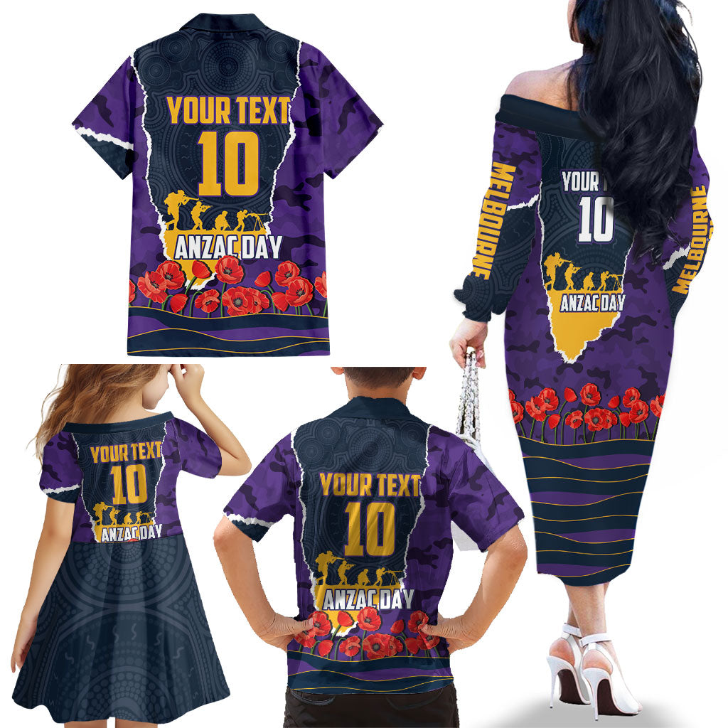 Personalized Melbourne Storm ANZAC Tribute Family Matching Off The Shoulder Long Sleeve Dress and Hawaiian Shirt Poppy Field Soldier Silhouette Aboriginal Rugby Mascot