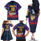 Personalized Melbourne Storm ANZAC Tribute Family Matching Off The Shoulder Long Sleeve Dress and Hawaiian Shirt Poppy Field Soldier Silhouette Aboriginal Rugby Mascot