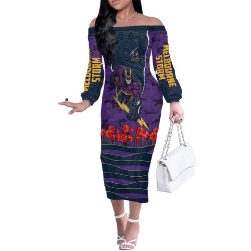 Personalized Melbourne Storm ANZAC Tribute Family Matching Off The Shoulder Long Sleeve Dress and Hawaiian Shirt Poppy Field Soldier Silhouette Aboriginal Rugby Mascot
