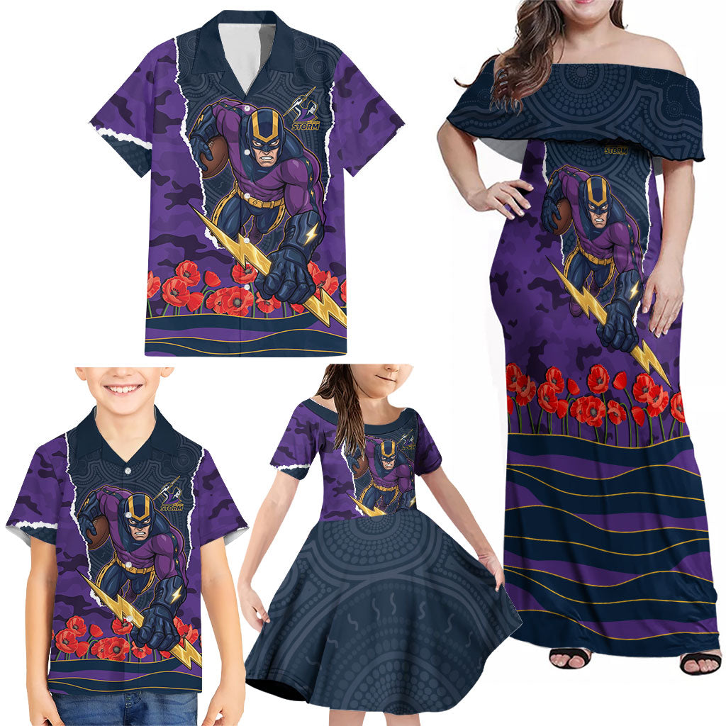 Personalized Melbourne Storm ANZAC Tribute Family Matching Off Shoulder Maxi Dress and Hawaiian Shirt Poppy Field Soldier Silhouette Aboriginal Rugby Mascot