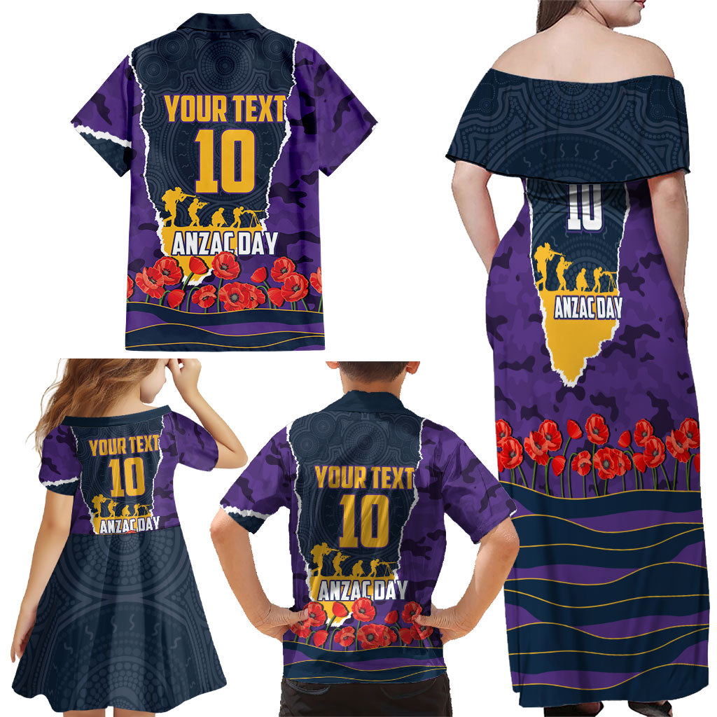 Personalized Melbourne Storm ANZAC Tribute Family Matching Off Shoulder Maxi Dress and Hawaiian Shirt Poppy Field Soldier Silhouette Aboriginal Rugby Mascot