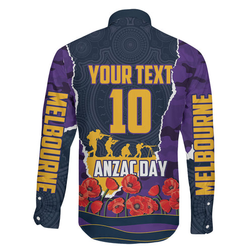 Personalized Melbourne Storm ANZAC Tribute Family Matching Off Shoulder Maxi Dress and Hawaiian Shirt Poppy Field Soldier Silhouette Aboriginal Rugby Mascot