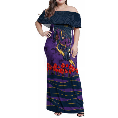 Personalized Melbourne Storm ANZAC Tribute Family Matching Off Shoulder Maxi Dress and Hawaiian Shirt Poppy Field Soldier Silhouette Aboriginal Rugby Mascot