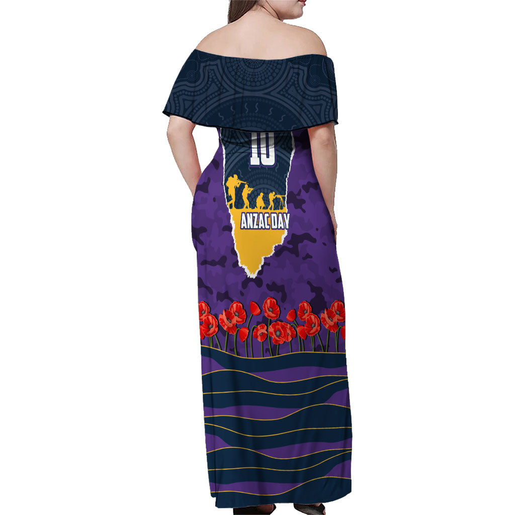 Personalized Melbourne Storm ANZAC Tribute Family Matching Off Shoulder Maxi Dress and Hawaiian Shirt Poppy Field Soldier Silhouette Aboriginal Rugby Mascot