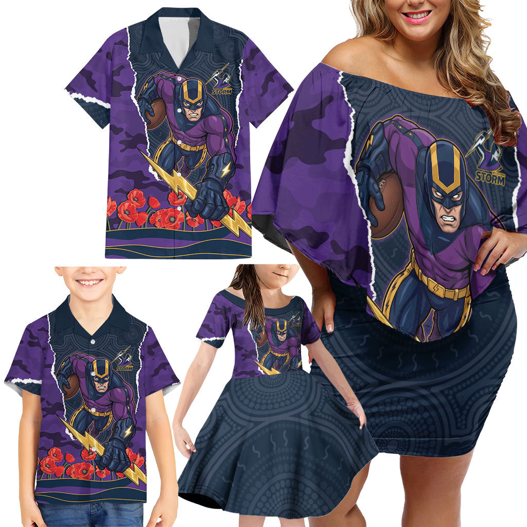 Personalized Melbourne Storm ANZAC Tribute Family Matching Off Shoulder Short Dress and Hawaiian Shirt Poppy Field Soldier Silhouette Aboriginal Rugby Mascot