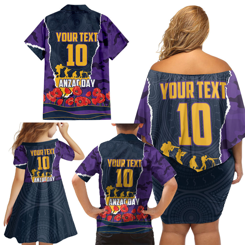 Personalized Melbourne Storm ANZAC Tribute Family Matching Off Shoulder Short Dress and Hawaiian Shirt Poppy Field Soldier Silhouette Aboriginal Rugby Mascot