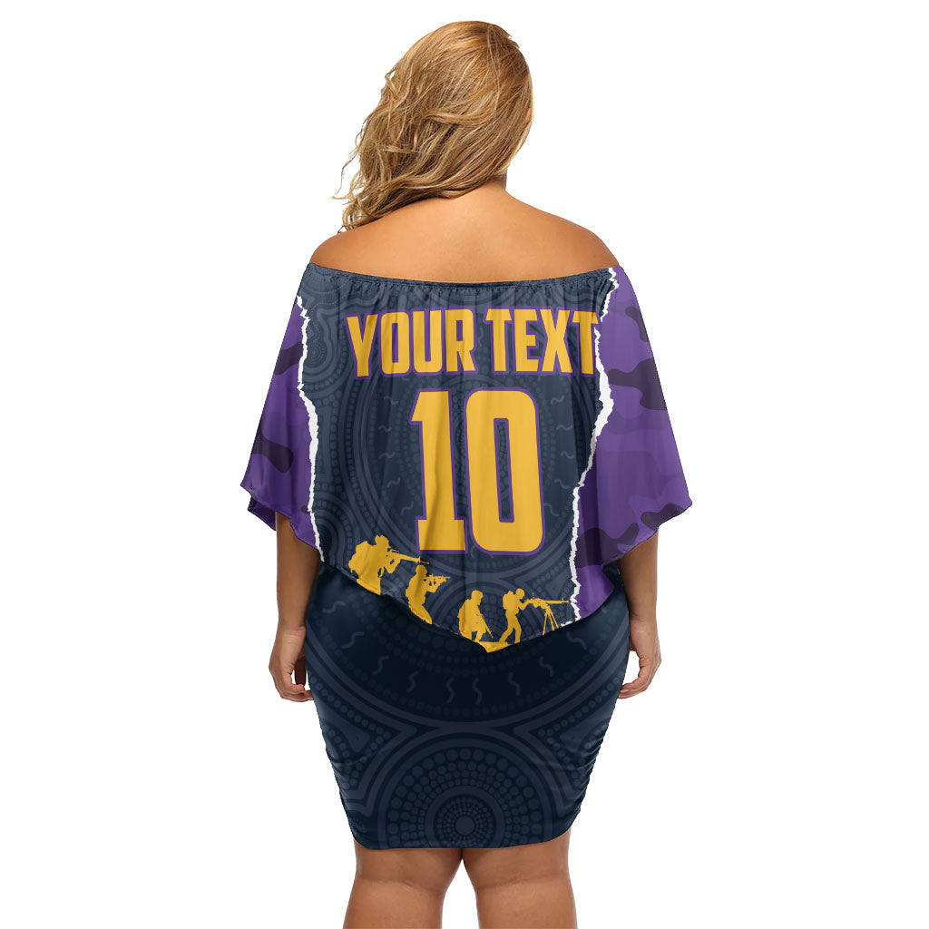 Personalized Melbourne Storm ANZAC Tribute Family Matching Off Shoulder Short Dress and Hawaiian Shirt Poppy Field Soldier Silhouette Aboriginal Rugby Mascot