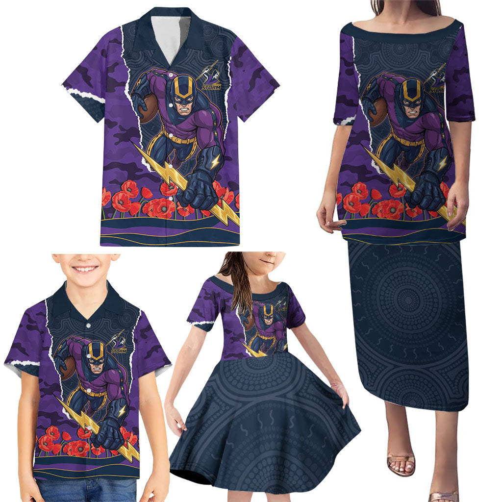Personalized Melbourne Storm ANZAC Tribute Family Matching Puletasi and Hawaiian Shirt Poppy Field Soldier Silhouette Aboriginal Rugby Mascot