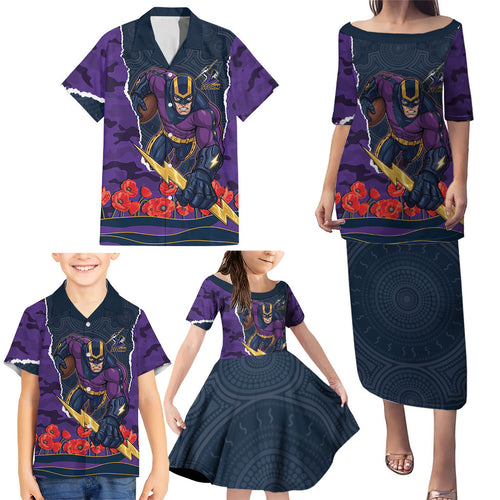 Personalized Melbourne Storm ANZAC Tribute Family Matching Puletasi and Hawaiian Shirt Poppy Field Soldier Silhouette Aboriginal Rugby Mascot