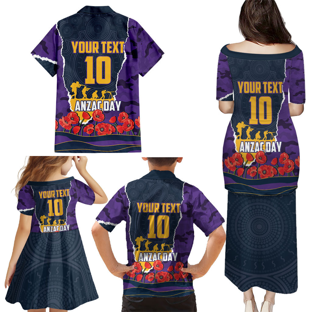 Personalized Melbourne Storm ANZAC Tribute Family Matching Puletasi and Hawaiian Shirt Poppy Field Soldier Silhouette Aboriginal Rugby Mascot