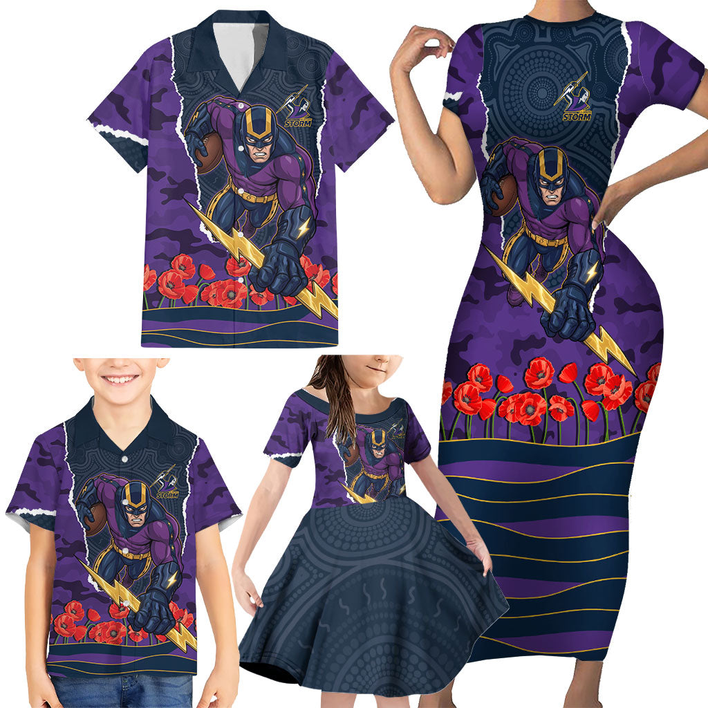 Personalized Melbourne Storm ANZAC Tribute Family Matching Short Sleeve Bodycon Dress and Hawaiian Shirt Poppy Field Soldier Silhouette Aboriginal Rugby Mascot