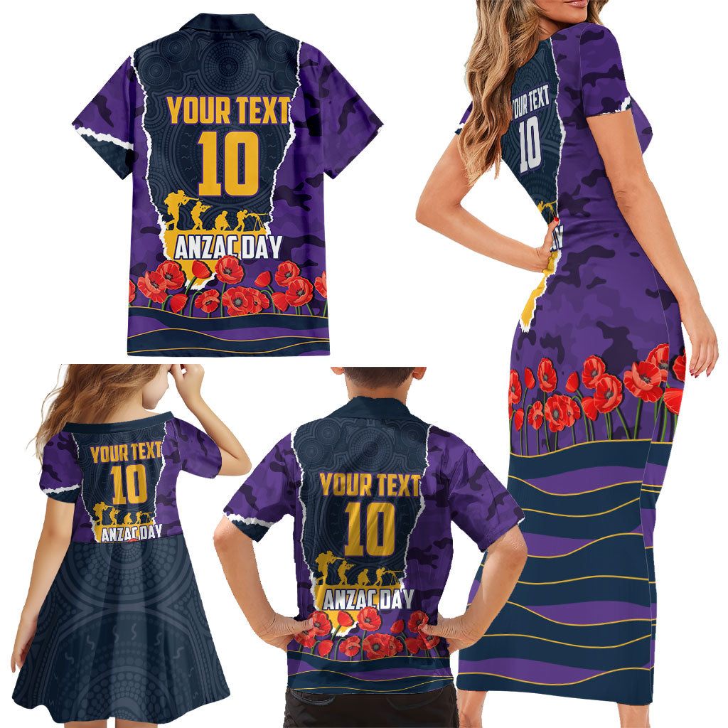 Personalized Melbourne Storm ANZAC Tribute Family Matching Short Sleeve Bodycon Dress and Hawaiian Shirt Poppy Field Soldier Silhouette Aboriginal Rugby Mascot
