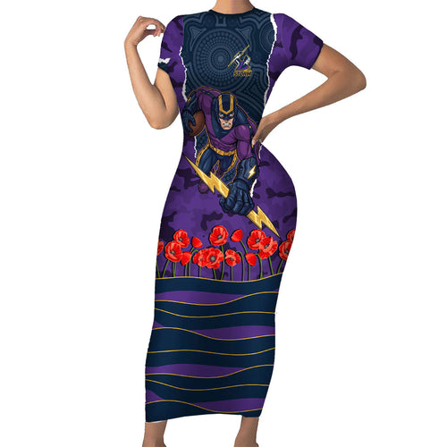 Personalized Melbourne Storm ANZAC Tribute Family Matching Short Sleeve Bodycon Dress and Hawaiian Shirt Poppy Field Soldier Silhouette Aboriginal Rugby Mascot