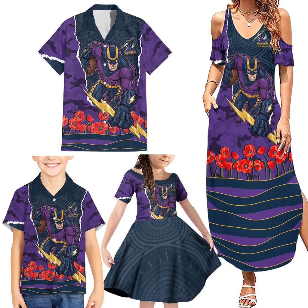 Personalized Melbourne Storm ANZAC Tribute Family Matching Summer Maxi Dress and Hawaiian Shirt Poppy Field Soldier Silhouette Aboriginal Rugby Mascot