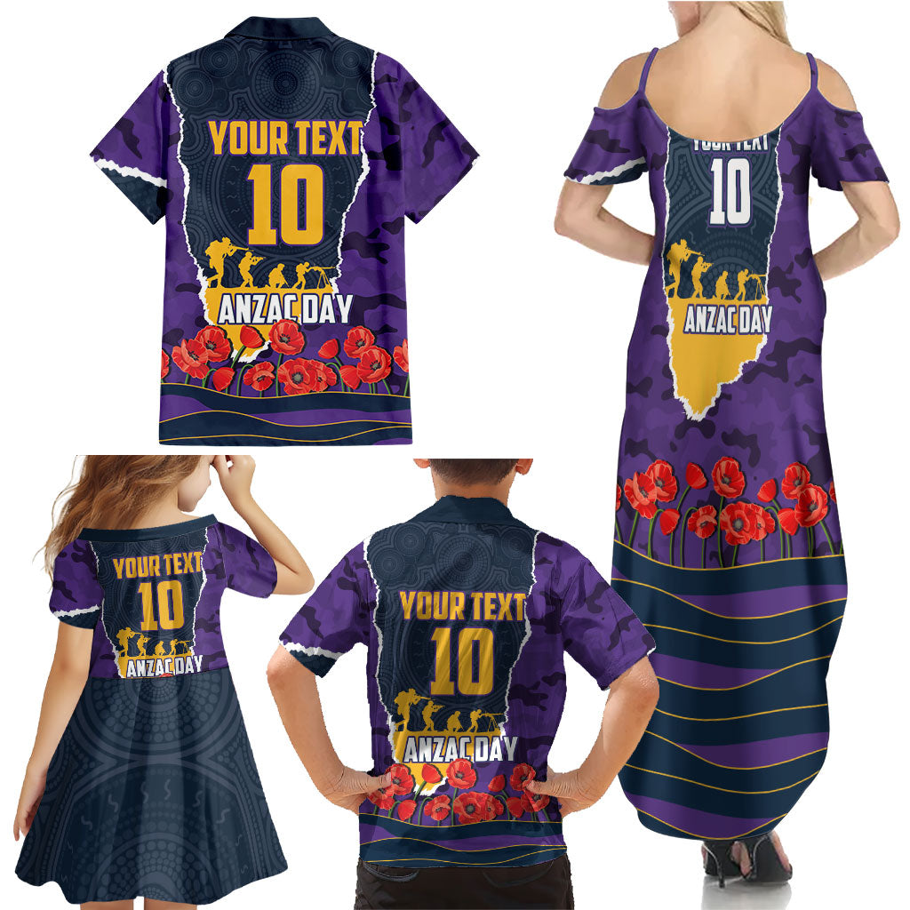 Personalized Melbourne Storm ANZAC Tribute Family Matching Summer Maxi Dress and Hawaiian Shirt Poppy Field Soldier Silhouette Aboriginal Rugby Mascot