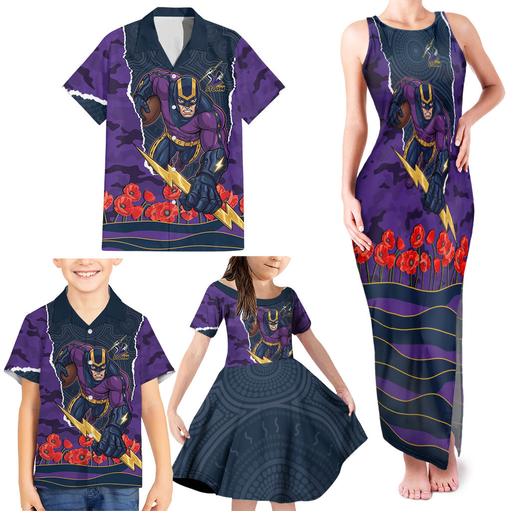 Personalized Melbourne Storm ANZAC Tribute Family Matching Tank Maxi Dress and Hawaiian Shirt Poppy Field Soldier Silhouette Aboriginal Rugby Mascot