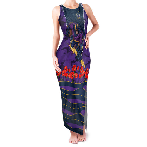 Personalized Melbourne Storm ANZAC Tribute Family Matching Tank Maxi Dress and Hawaiian Shirt Poppy Field Soldier Silhouette Aboriginal Rugby Mascot