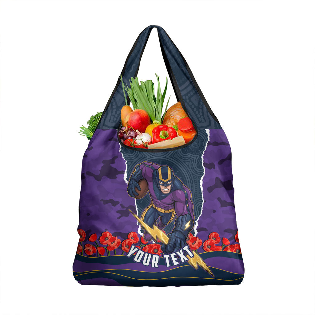 Personalized Melbourne Storm ANZAC Tribute Grocery Bag Poppy Field Soldier Silhouette Aboriginal Rugby Mascot
