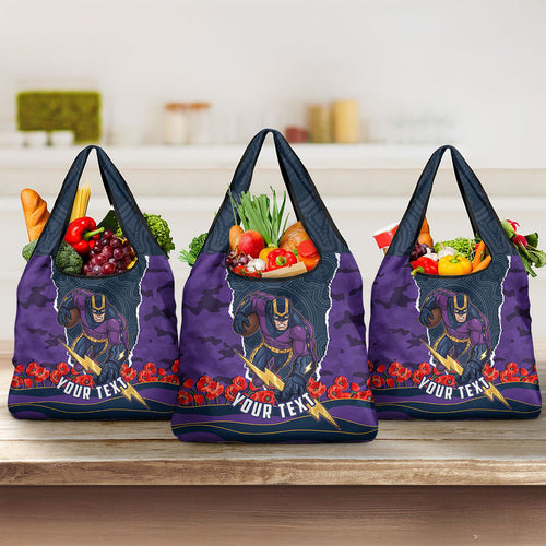 Personalized Melbourne Storm ANZAC Tribute Grocery Bag Poppy Field Soldier Silhouette Aboriginal Rugby Mascot